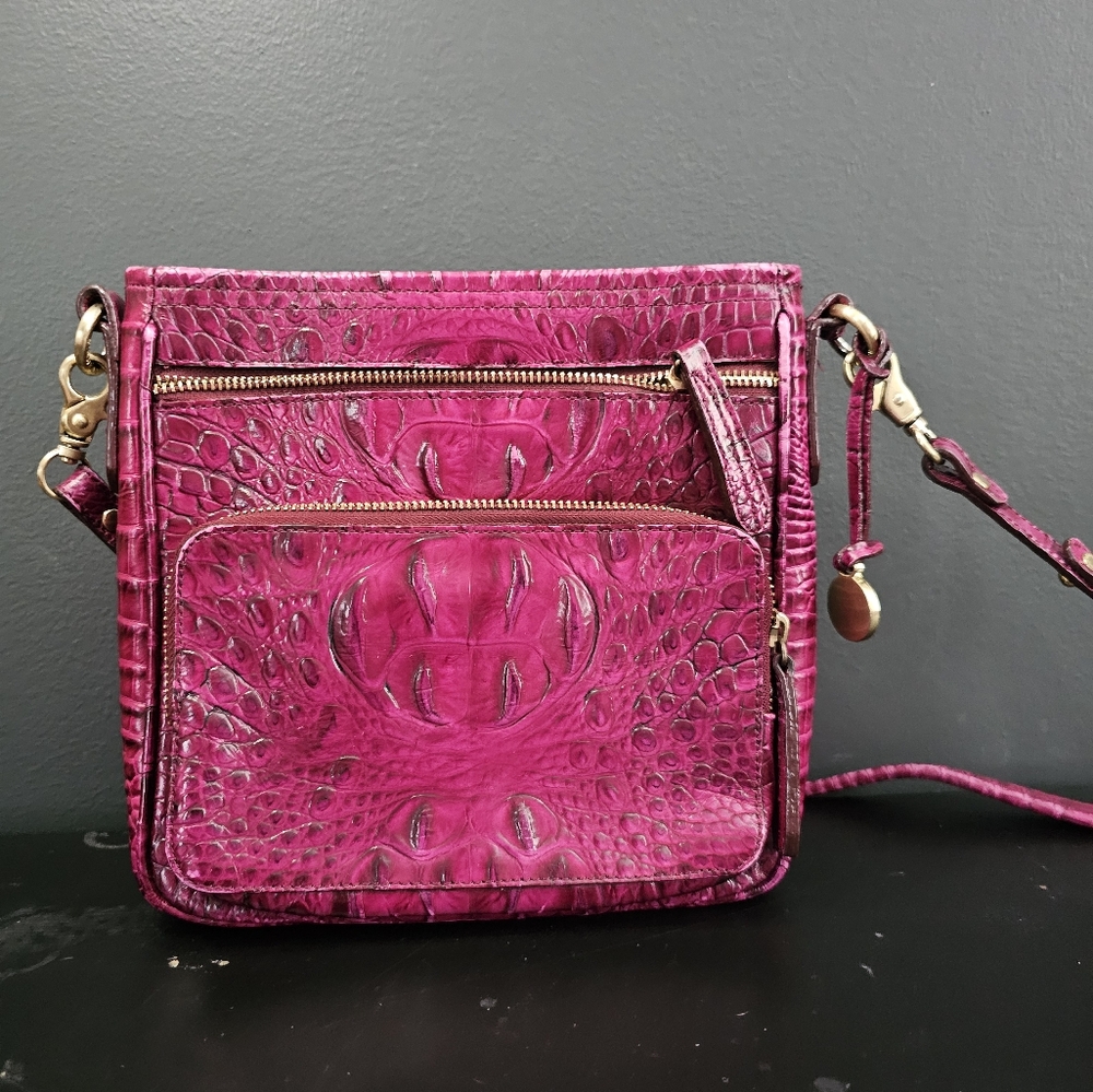 Brahmin Cleo Rassberry Melbourne Leather Croc Embossed Crossbody Zip Wallet